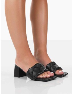 Play Nice Black PU Woven Square Toe Block Mid Heeled Sandals
