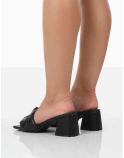 Play Nice Black PU Woven Square Toe Block Mid Heeled Sandals