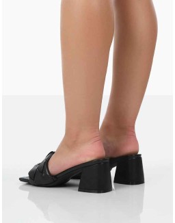 Play Nice Black PU Woven Square Toe Block Mid Heeled Sandals