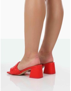 Play Nice Red PU Woven Square Toe Block Mid Heeled Sandals