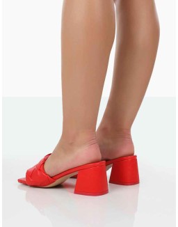 Play Nice Red PU Woven Square Toe Block Mid Heeled Sandals