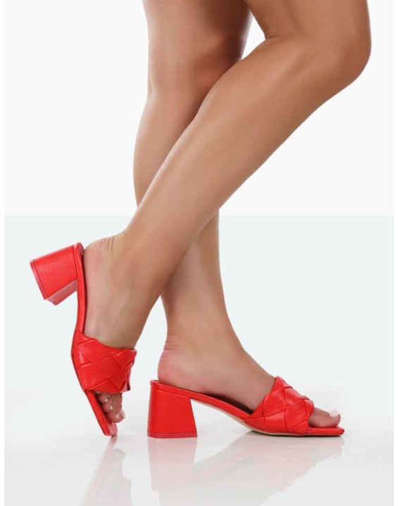 Play Nice Red PU Woven Square Toe Block Mid Heeled Sandals