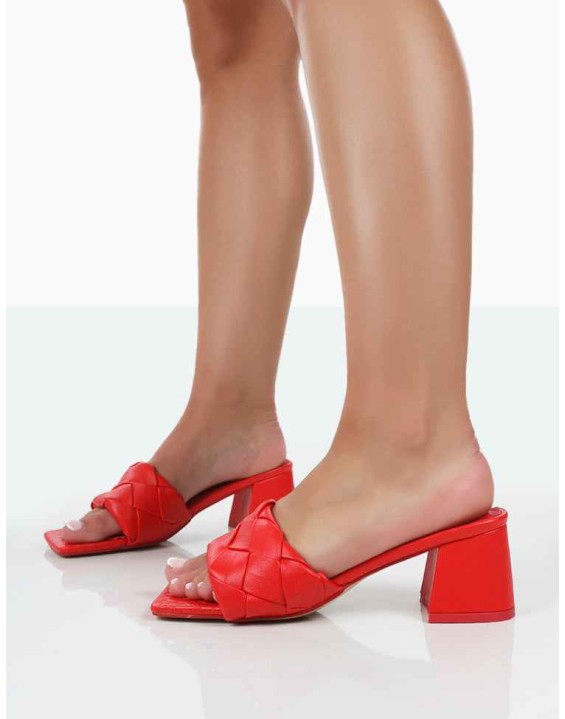 Play Nice Red PU Woven Square Toe Block Mid Heeled Sandals