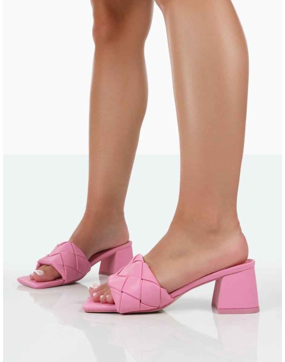 Play Nice Pink PU Woven Square Toe Block Mid Heeled Sandals