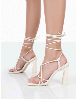 Beauty Wide Fit Ecru Pu Square Toe Lace Up Block Mid Heeled Sandals