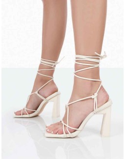 Beauty Wide Fit Ecru Pu Square Toe Lace Up Block Mid Heeled Sandals