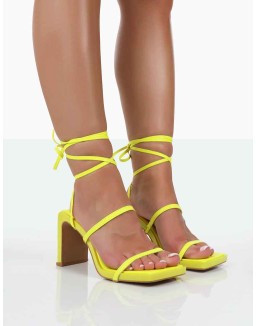 Misha Lime Square Toe Strappy Lace Up Thin Block Heels