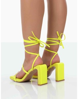 Misha Lime Square Toe Strappy Lace Up Thin Block Heels