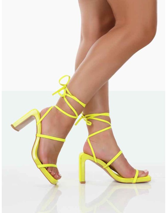 Misha Lime Square Toe Strappy Lace Up Thin Block Heels