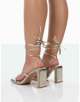 Misha Gold Square Toe Strappy Lace Up Thin Block Heels