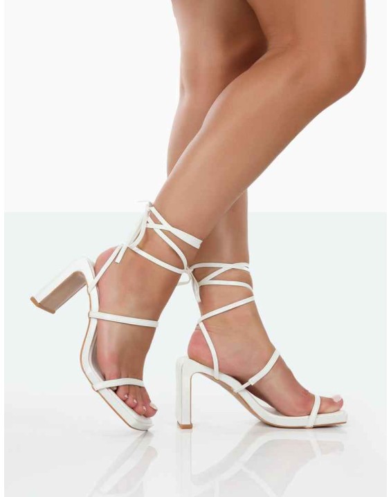 Misha White Square Toe Strappy Lace Up Thin Block Heels