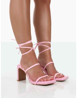 Misha Pink Square Toe Strappy Lace Up Thin Block Heels