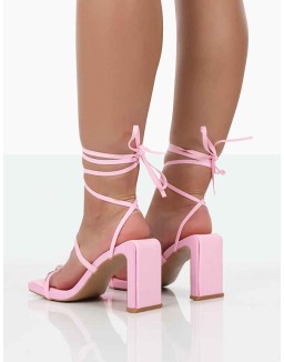 Misha Pink Square Toe Strappy Lace Up Thin Block Heels