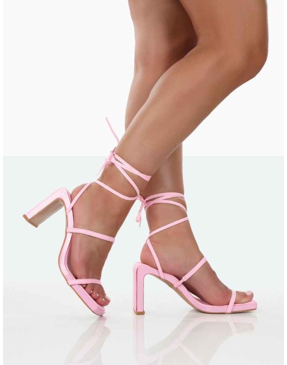 Misha Pink Square Toe Strappy Lace Up Thin Block Heels