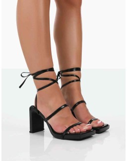 Misha Black Square Toe Strappy Lace Up Thin Block Heels