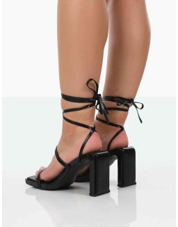Misha Black Square Toe Strappy Lace Up Thin Block Heels