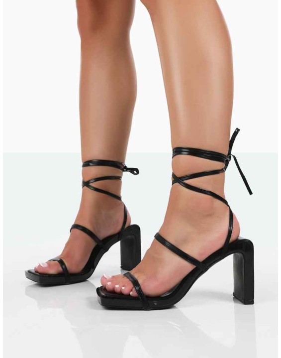 Misha Black Square Toe Strappy Lace Up Thin Block Heels