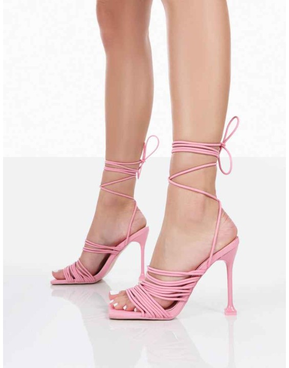 Kristen Pink Pu Square Toe Lace Up Stiletto Heels