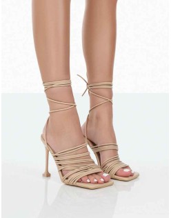 Kristen Nude Pu Square Toe Lace Up Stiletto Heels