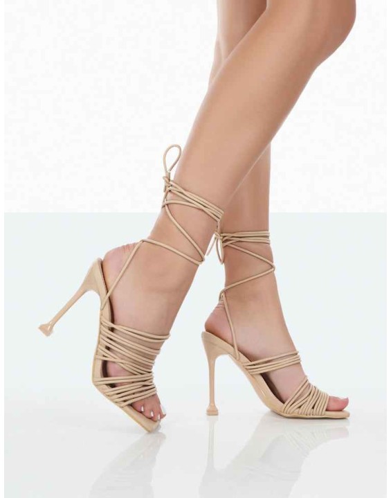 Kristen Nude Pu Square Toe Lace Up Stiletto Heels