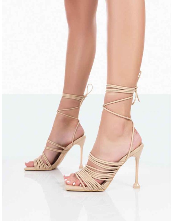Kristen Nude Pu Square Toe Lace Up Stiletto Heels