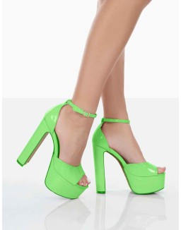 Kylie Wide Fit Lime Patent High Heel Peep Toe Platform Block Heels