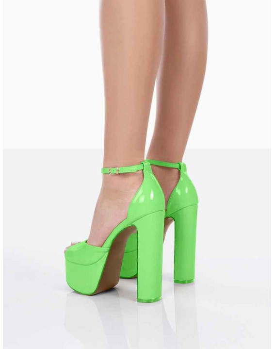 Kylie Wide Fit Lime Patent High Heel Peep Toe Platform Block Heels