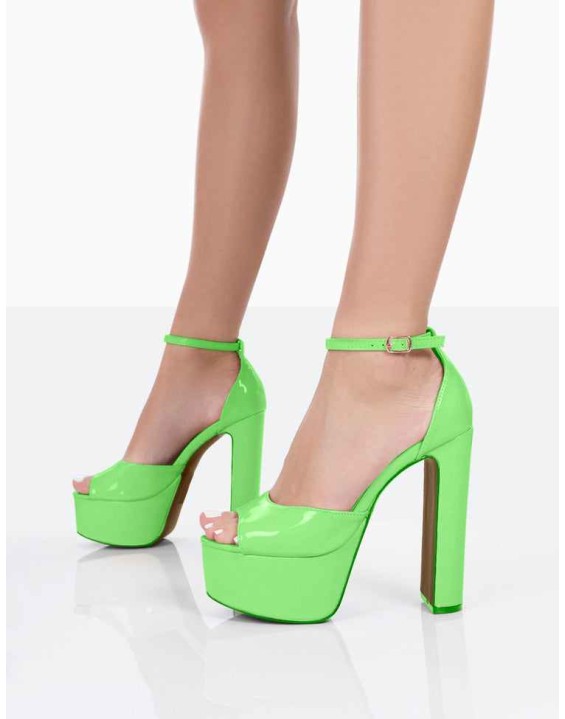 Kylie Wide Fit Lime Patent High Heel Peep Toe Platform Block Heels