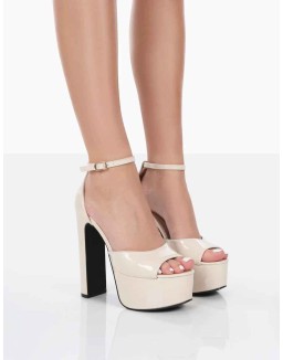Kylie Ecru Patent High Heel Peep Toe Platform Block Heels