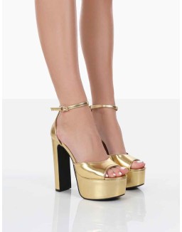 Kylie Gold Pu High Heel Peep Toe Platform Block Heels