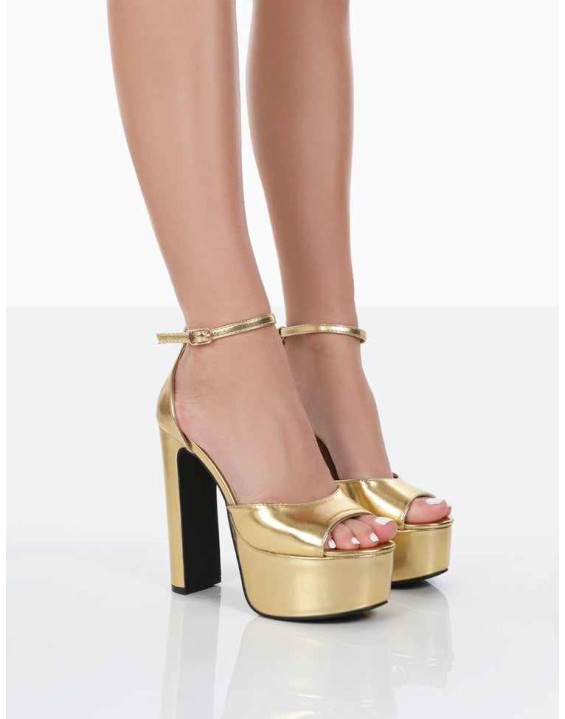 Kylie Gold Pu High Heel Peep Toe Platform Block Heels