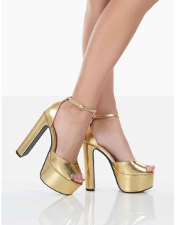 Kylie Gold Pu High Heel Peep Toe Platform Block Heels