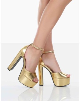 Kylie Gold Pu High Heel Peep Toe Platform Block Heels