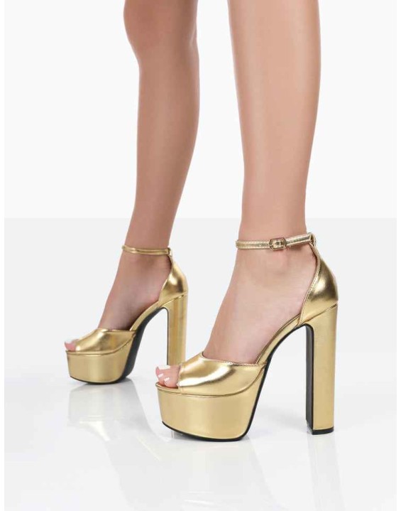 Kylie Gold Pu High Heel Peep Toe Platform Block Heels