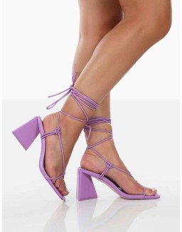 Atlas Purple Patent Square Toe Lace Up Flared Mid Block Heeled Sandals