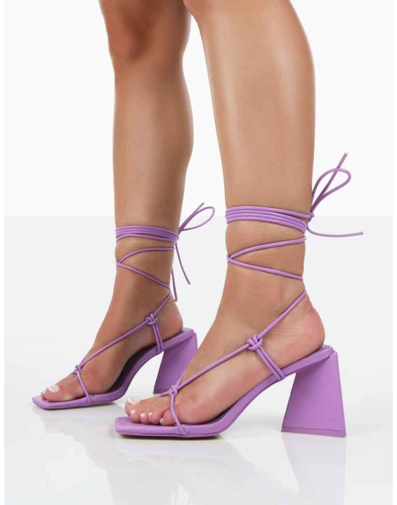 Atlas Purple Patent Square Toe Lace Up Flared Mid Block Heeled Sandals