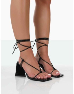 Atlas Black Patent Square Toe Lace Up Flared Mid Block Heeled Sandals