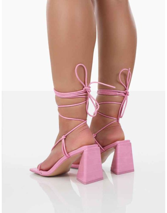 Atlas Pink Croc Square Toe Lace Up Flared Mid Block Heeled Sandals