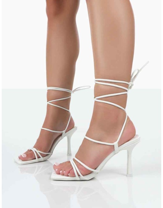 Jovie White Pu Square Toe Strappy Lace Up Stiletto Heels