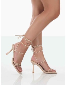 Jovie Nude Patent Square Toe Strappy Lace Up Stiletto Heels