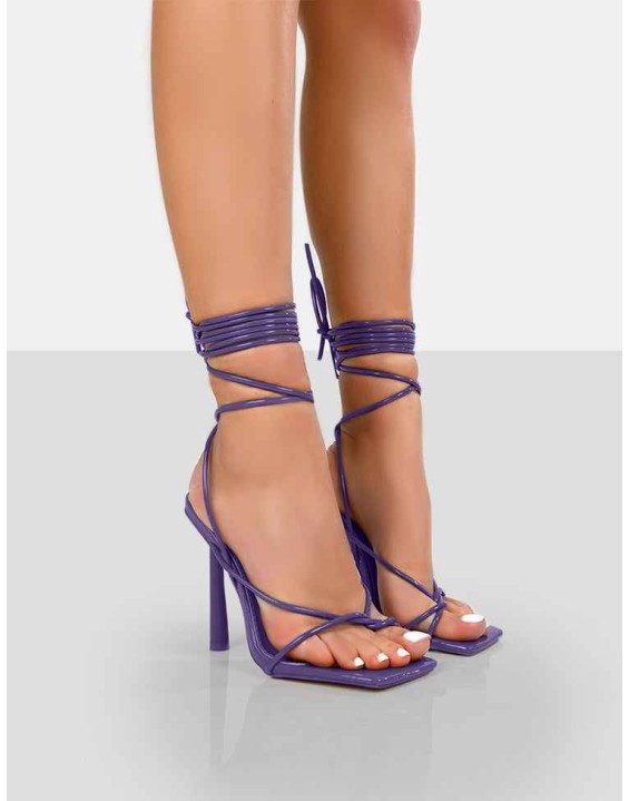 Lacey Wide Fit Purple Patent Square Toe Strappy Lace Up Stiletto Heels
