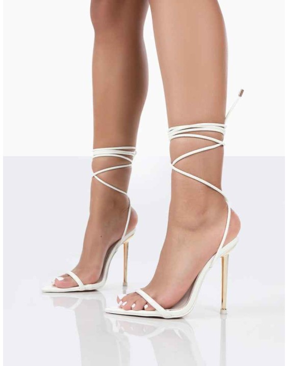 Look Back Wide Fit White Patent Pointed Toe Lace Up Stiletto Heels