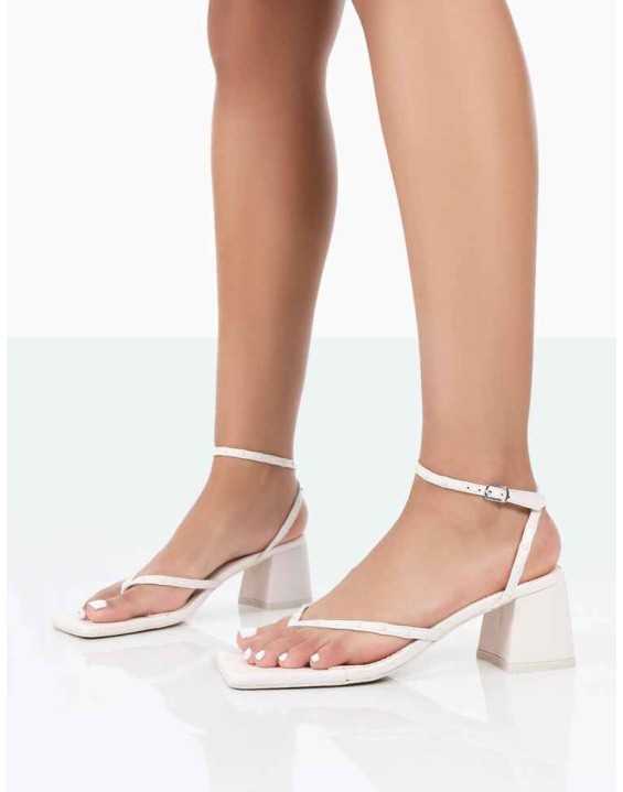 Zahra Wide Fit Ecru PU Toe Thong Mid Block Heeled Sandals