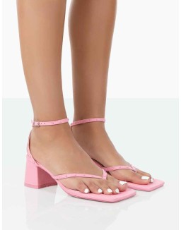 Zahra Wide Fit Pink PU Toe Thong Mid Block Heeled Sandals