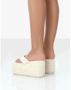 Nell Ecru Terry Towelling Platform Wedge Flip Flop Sandals
