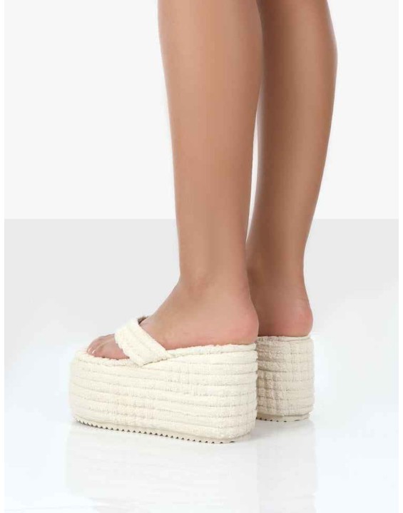 Nell Ecru Terry Towelling Platform Wedge Flip Flop Sandals