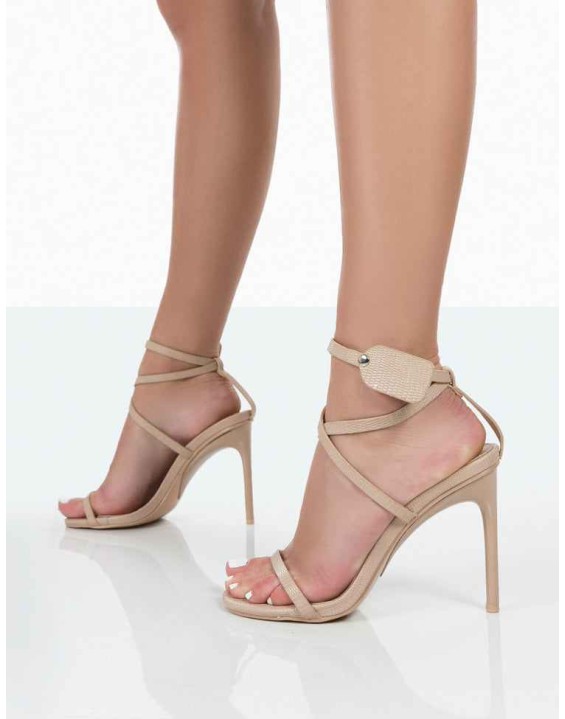 Go Away Nude Reptile Pu Strappy Tag Detail Square Toe Stiletto Heels