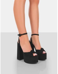 Knot On Wide Fit Black Faux Suede Knotted Platform High Heeled Sandals