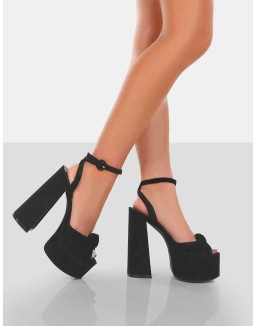 Knot On Wide Fit Black Faux Suede Knotted Platform High Heeled Sandals