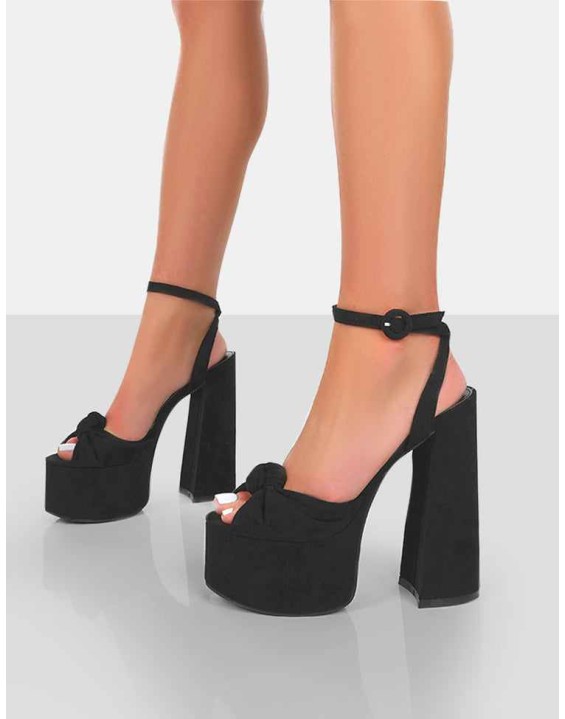Knot On Wide Fit Black Faux Suede Knotted Platform High Heeled Sandals